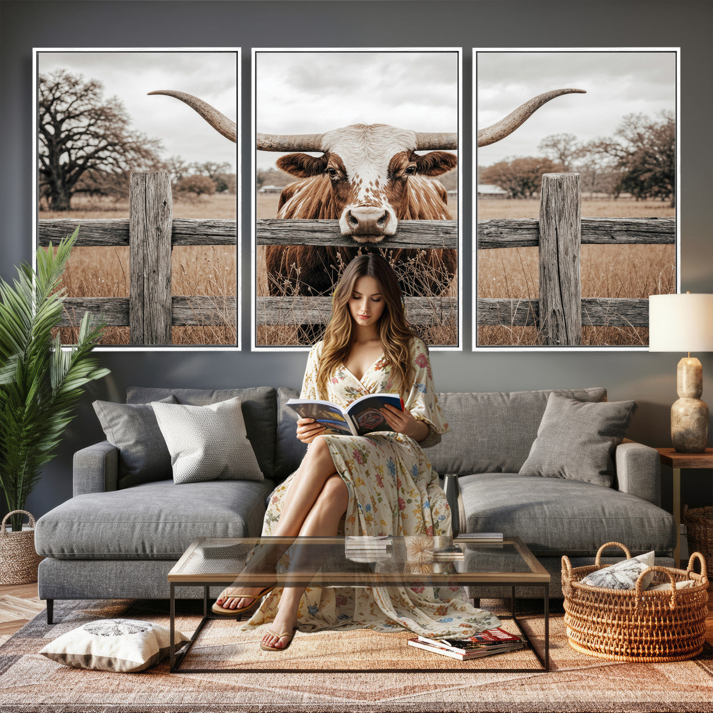 59378683N-MGV-CV-60X30-3P - Farmhouse Texas Longhorn Bull Canvas Wall Art, Western Ranch Cattle Photography Print, Rustic Barn Cowboy Decor Artwork