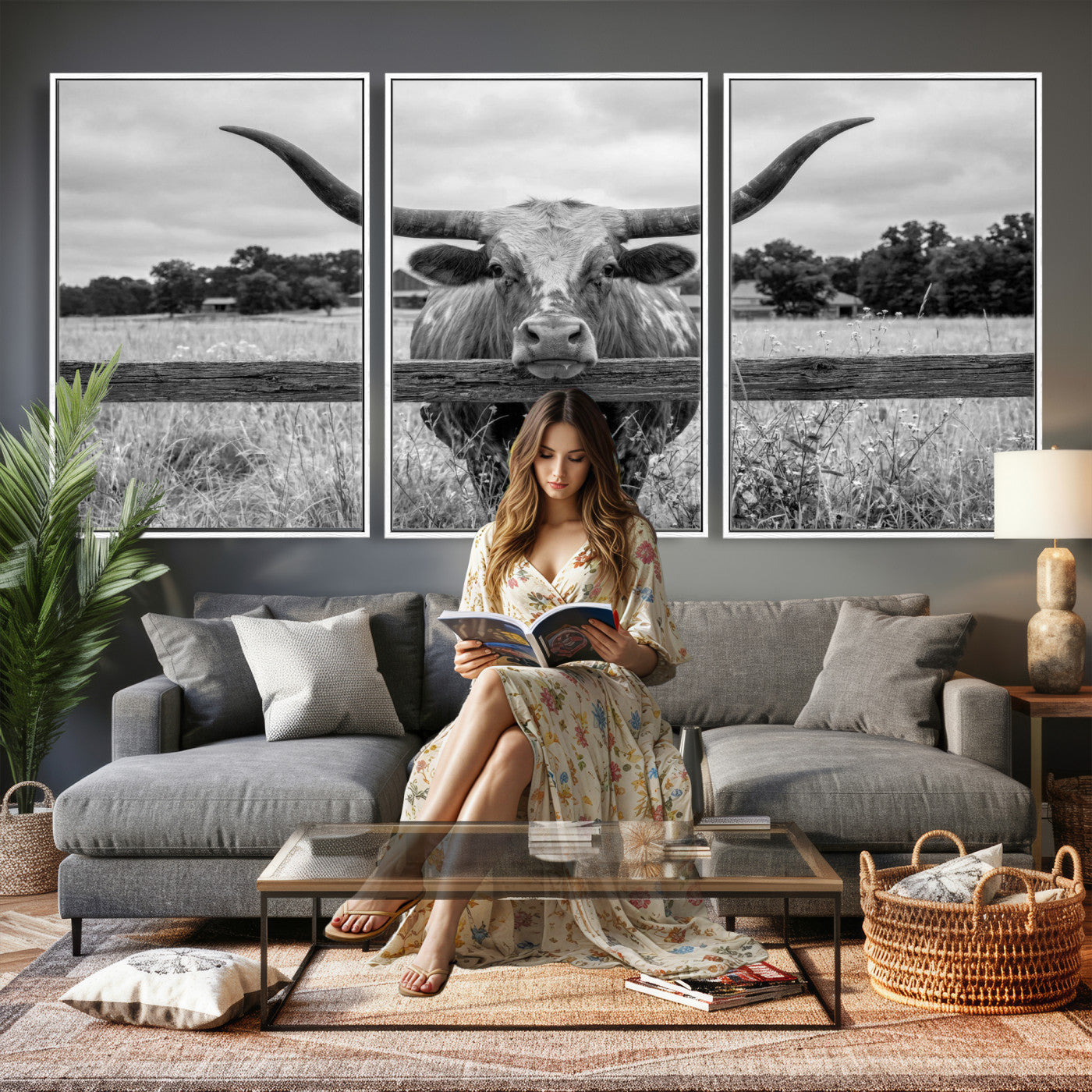 59378683-MGV-CV-60X30-3P - Black White Texas Longhorn Bull Canvas Wall Art, Western Ranch Cattle Photography Print, Rustic Farmhouse Cowboy Decor Artwork