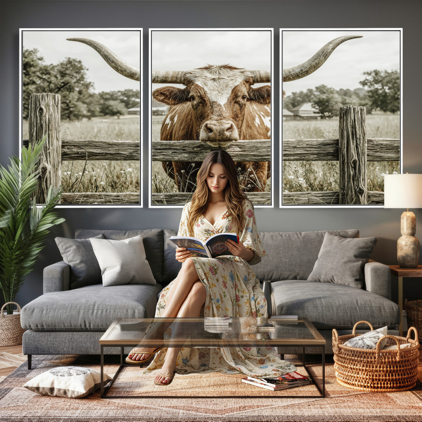 59378683M-MGV-CV-60X30-3P - Large Farmhouse Texas Longhorn Bull Canvas Wall Art, Western Ranch Cattle Photography Print, Rustic Barn Cowboy Decor Artwork