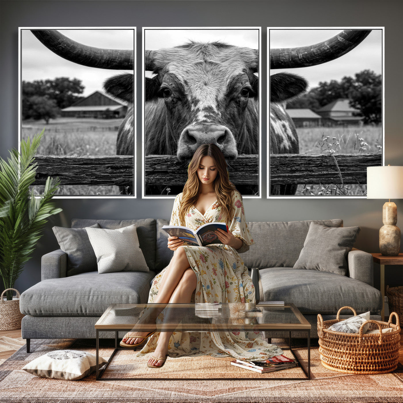 59378683B-MGV-CV-36X24 - Black White Texas Longhorn Bull Canvas Wall Art, Western Ranch Cattle Photography Print, Rustic Farmhouse Cowboy Decor Artwork