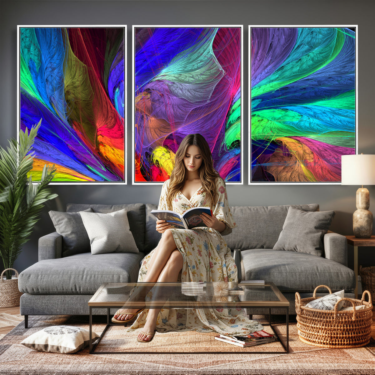 376925791-MGV-CV-36X24 - Colorful Abstract Canvas Wall Art, Rainbow Swirl Fractal Print, Bold Multicolor Living Room Decor, Vibrant Energy Art, Large Abstract Wall Art