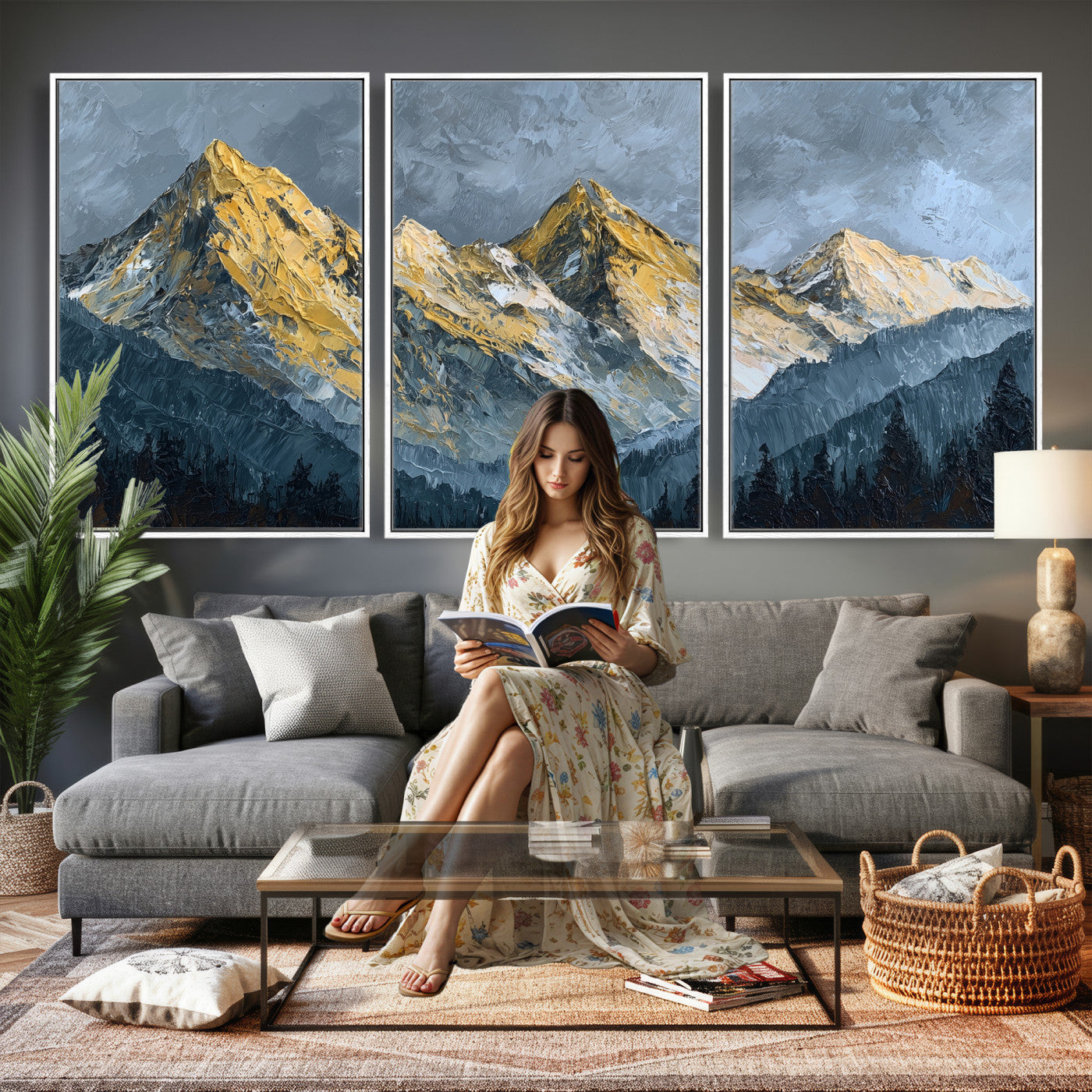 50821961-MGV-CV-48X32-3P - Abstract Mountain Wall Art Canvas Print Modern Landscape Painting Print