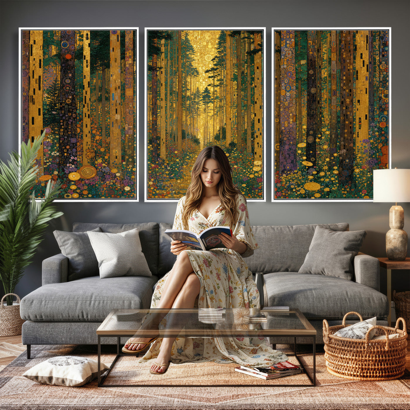 79483321G-MGV-CV-48X32-3P - Gustav Klimt Style Forest Canvas Wall Art, Golden Forest Path Floral Art Nouveau Print, Enchanted Woodland Decor
