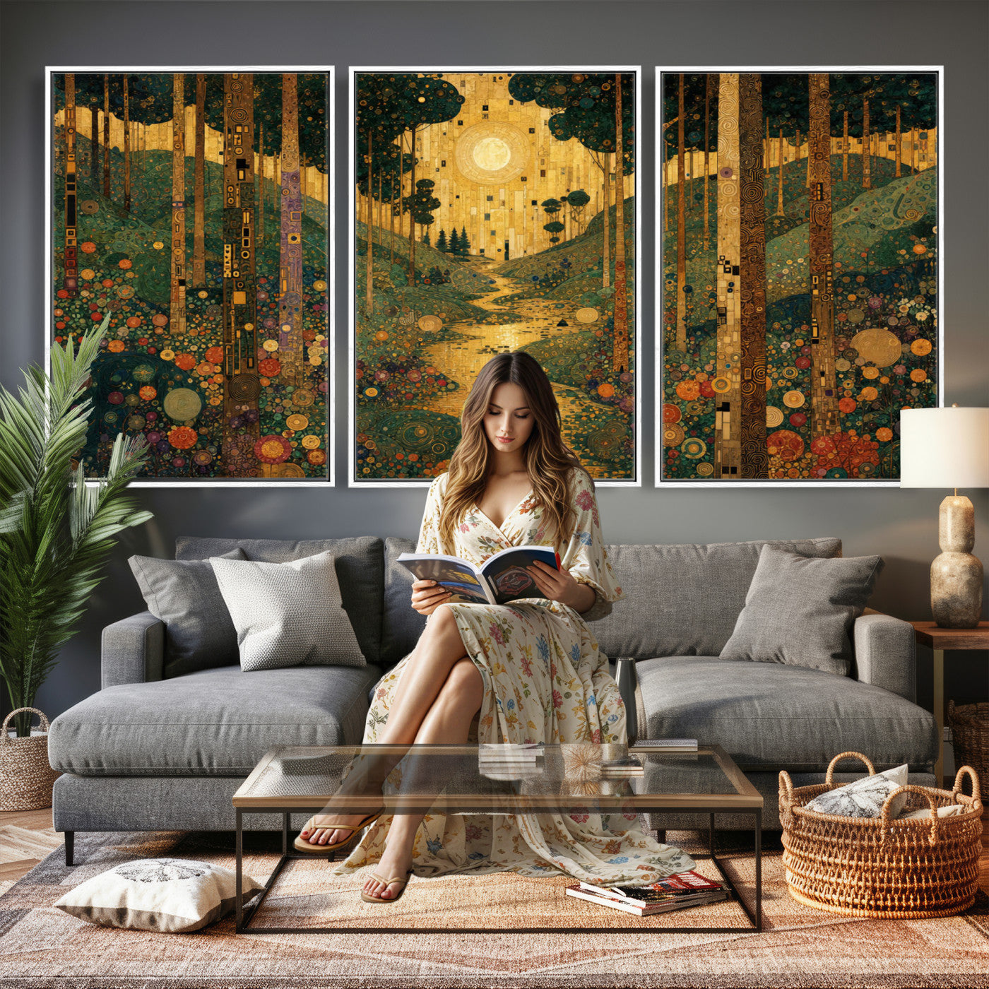 79483321GS-MGV-CV-48X32-3P - Gustav Klimt Style Forest Canvas Wall Art, Golden Forest Path Floral Art Nouveau Print, Enchanted Woodland Decor