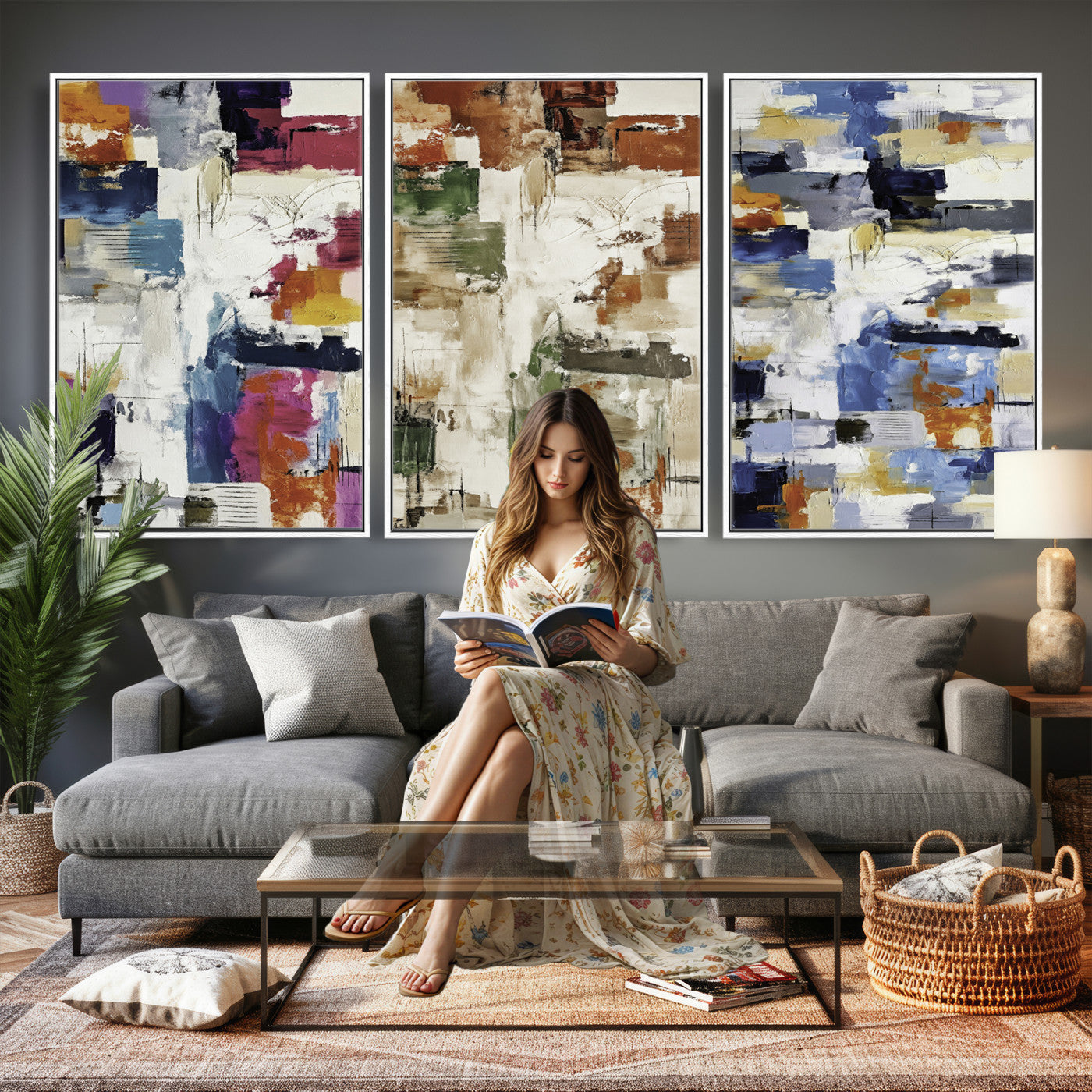 33267833-MGV-CV-60X30-3P - Blue Teal Abstract Canvas Wall Art, Modern Textured Painting Print, Navy Orange White Contemporary Art, Neutral Living Room Decor, Office Art