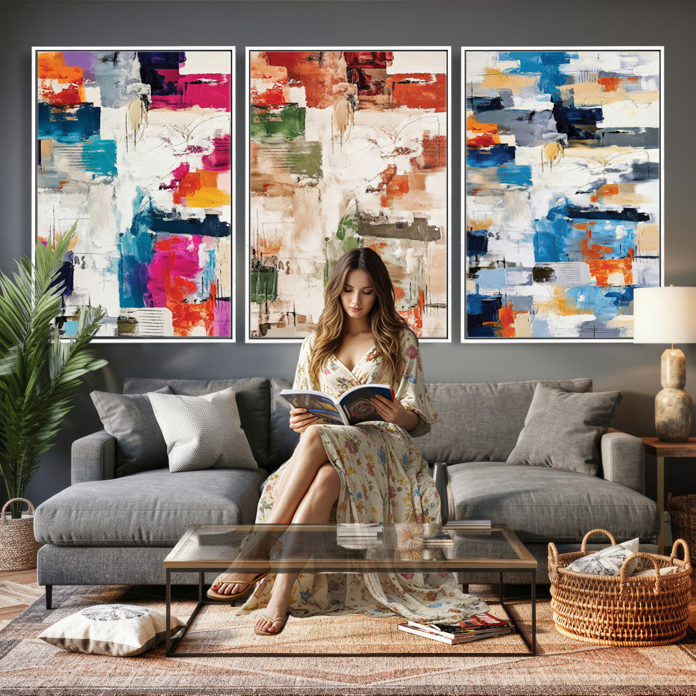 33267833-MGV-CV-60X30-3P - Blue Teal Abstract Canvas Wall Art, Modern Textured Painting Print, Navy Orange White Contemporary Art, Neutral Living Room Decor, Office Art