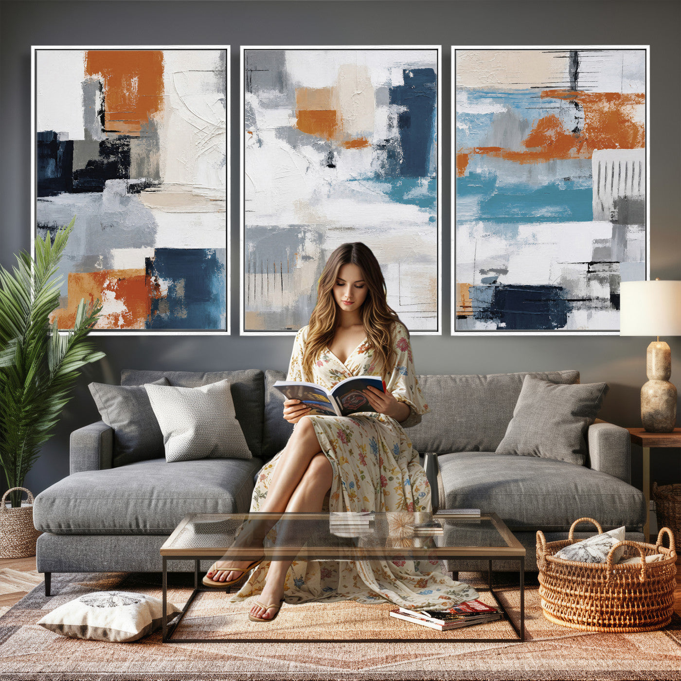 44950303-MGV-CV-36X24 - Blue Teal Abstract Canvas Wall Art, Modern Textured Painting Print, Navy Orange White Contemporary Art, Neutral Living Room Decor, Office Art