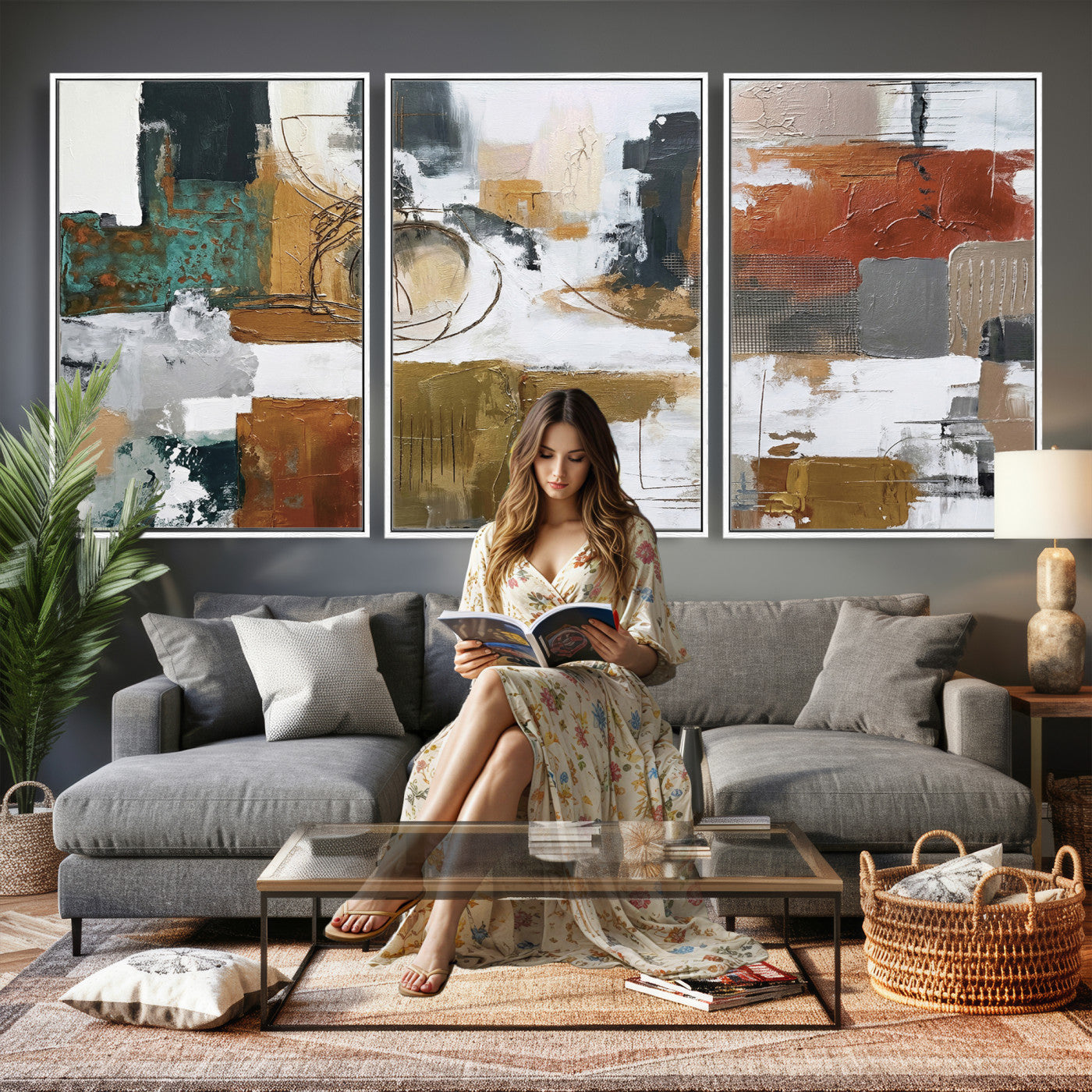 50720312-MGV-CV-36X24 - Blue Teal Abstract Canvas Wall Art, Modern Textured Painting Print, Navy Orange White Contemporary Art, Neutral Living Room Decor, Office Art