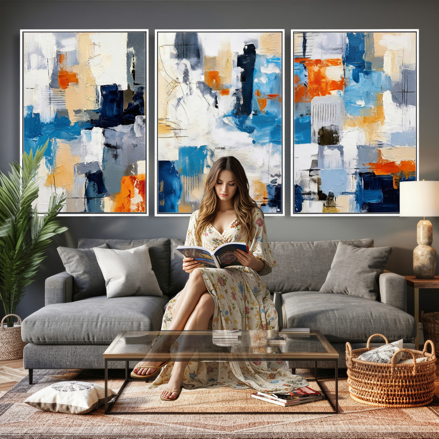83915061-MGV-CV-36X24 - Blue Teal Abstract Canvas Wall Art, Modern Textured Painting Print, Navy Orange White Contemporary Art, Neutral Living Room Decor, Office Art