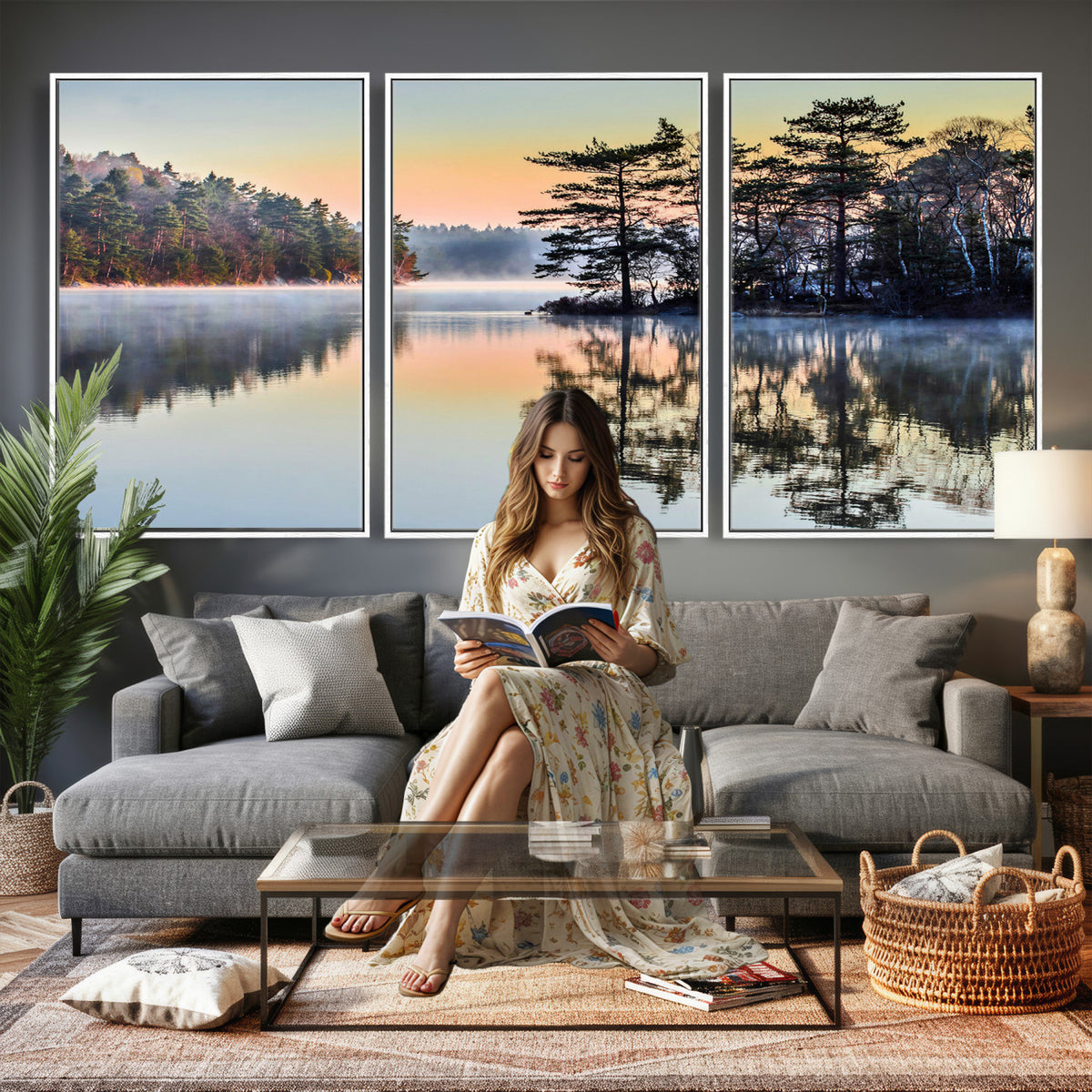 34236027-MGV-CV-36X24 - Before People Wake Canvas Wall Art Print, Misty Lake Sunrise Landscape, Forest Reflection Nature Decor, Ready to Hang