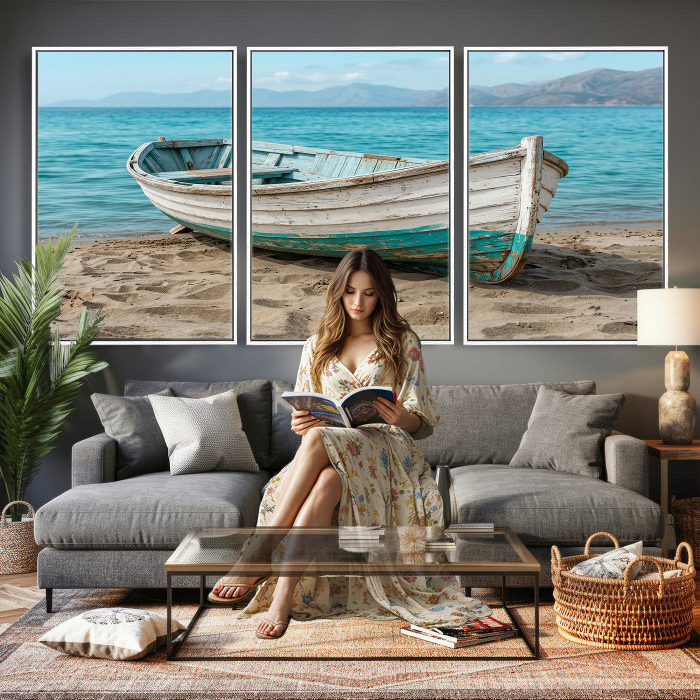 49963709-MGV-CV-36X24 - Coastal Boat Canvas Wall Art Print, Beach Boat Painting, Nautical Ocean Decor, Seascape Wall Art, Ready to Hang