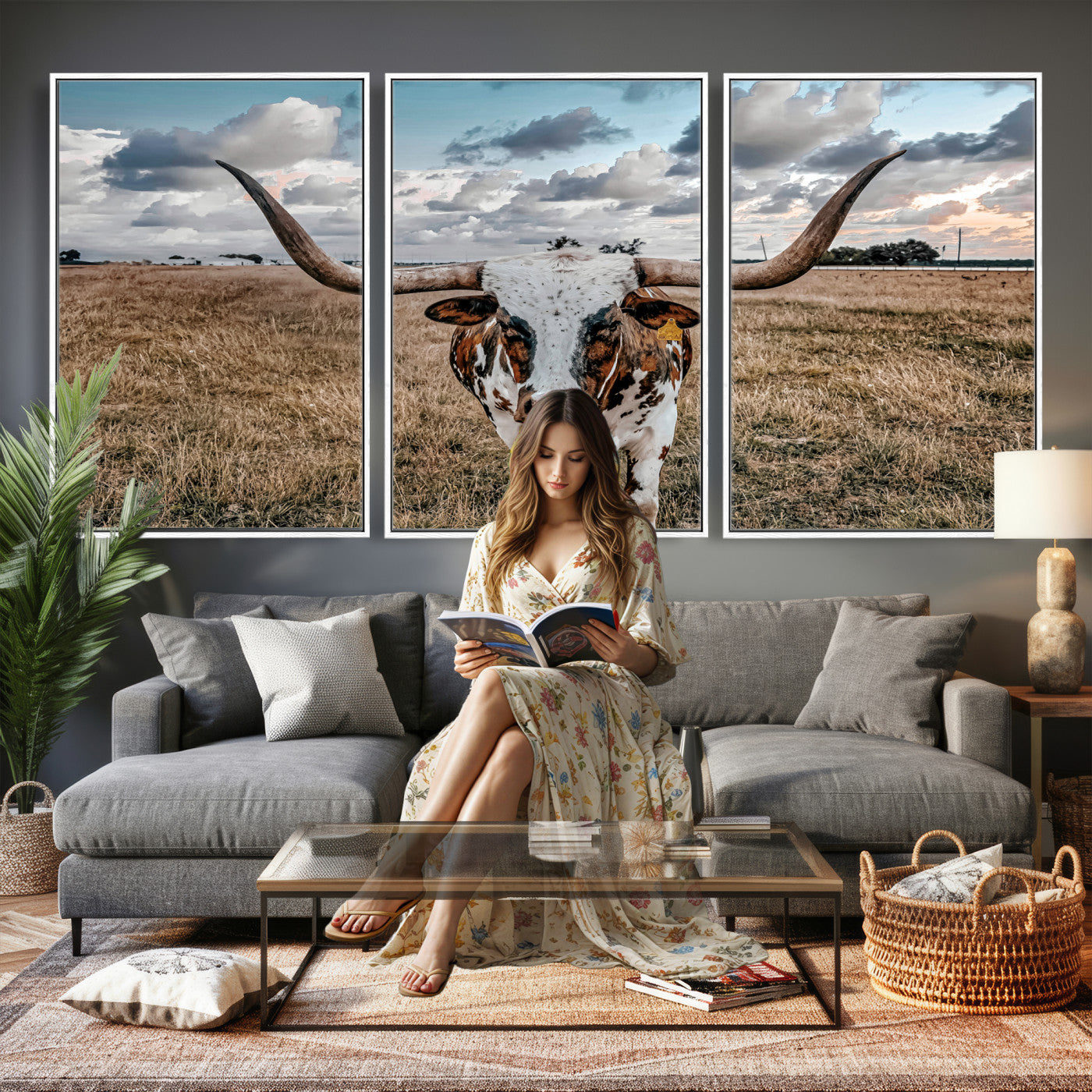 17464823-MGV-CV-36X24 - Texas Longhorn Canvas Wall Art Print - Western Cow Photography, Rustic Ranch Decor, Farmhouse Wall Art, Ready to Hang