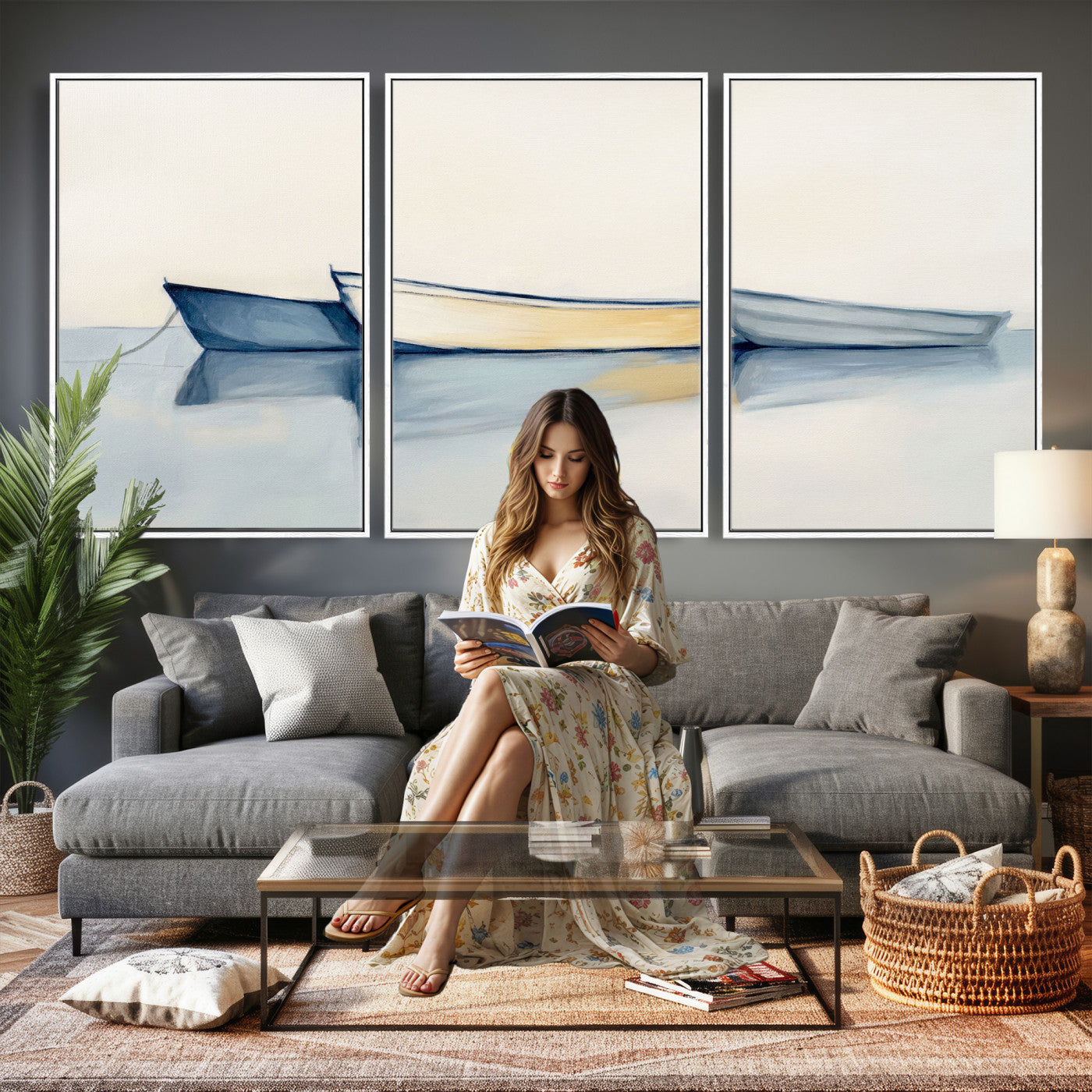 84017361-MGV-CV-36X24 - Abstract Three Boats Reflecting on Water Wall Art Canvas Print - Minimalist Coastal Seascape