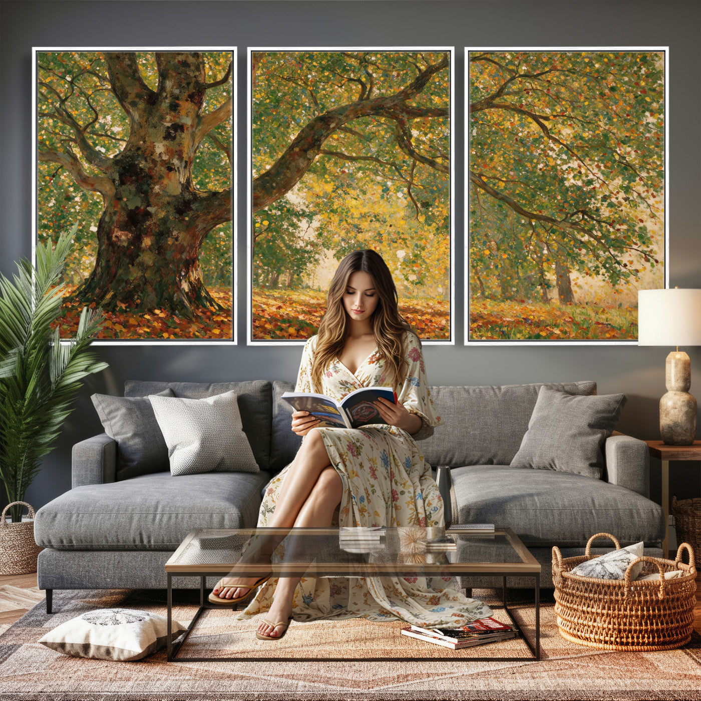 52555601-MGV-CV-36X24 - Claude Monet Style The Bodmer Oak Fontainebleau Forest Wall Art Canvas Print, Autumn Landscape Painting Print