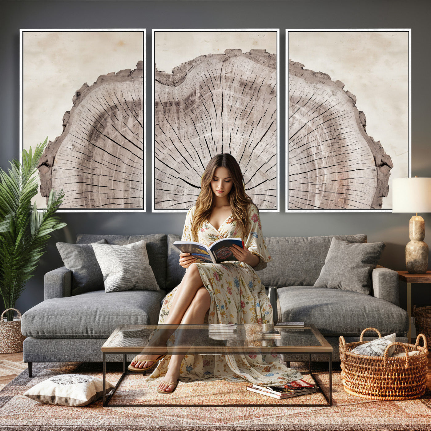 87833480-MGV-CV-60X30-3P - Tree Ring Canvas Wall Art in Neutral Earth Tones, Framed Wood Slice Print for Rustic and Japandi Interiors