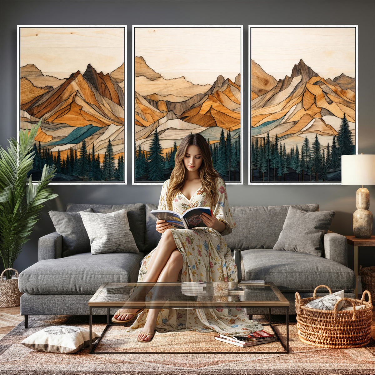 57384313-MGV-CV-60X30-3P - Mountain Landscape Canvas Wall Art with Wood Grain Effect, Golden Peaks and Teal Pine Forest, Framed Cabin Decor