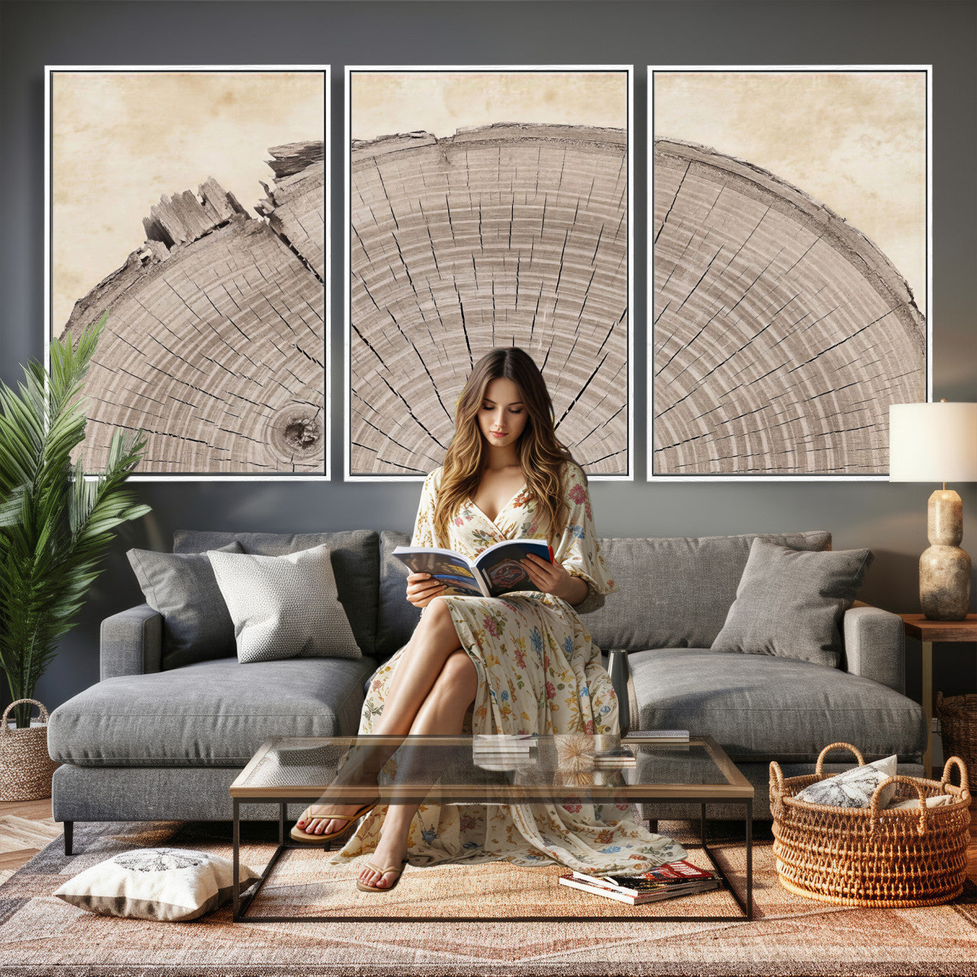 64174838-MGV-CV-60X30-3P - Tree Ring Canvas Wall Art in Neutral Earth Tones, Framed Wood Slice Print for Rustic and Japandi Interiors