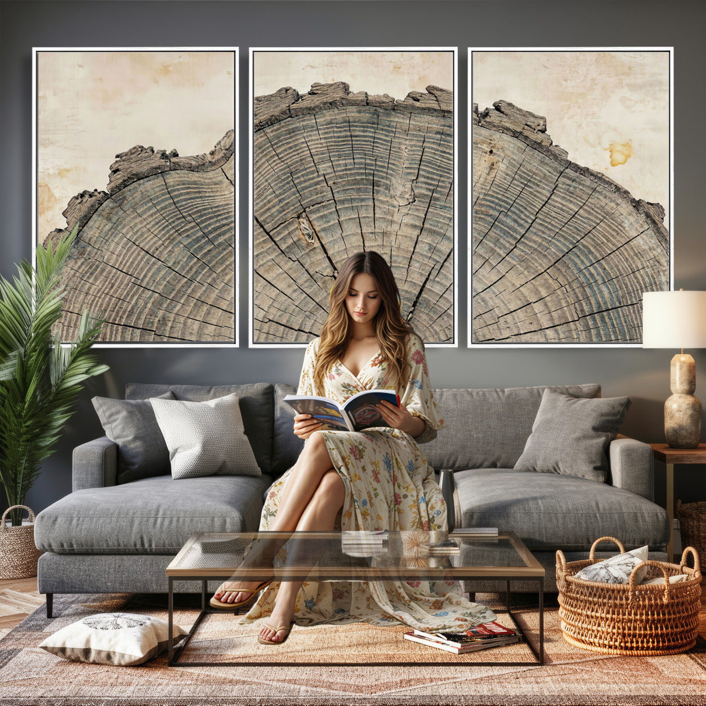 34201080-MGV-CV-60X30-3P - Tree Ring Canvas Wall Art in Neutral Earth Tones, Framed Wood Slice Print for Rustic and Japandi Interiors