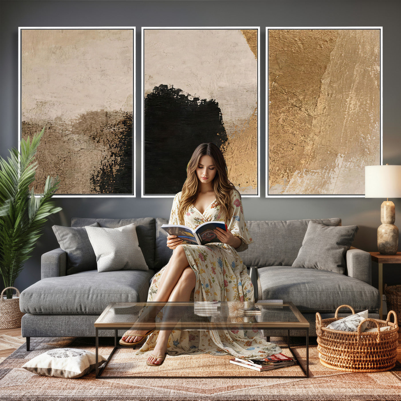 36003778-MGV-CV-48X32-3P - Mid Century Modern Geometric Canvas Wall Art, Abstract Triptych Print