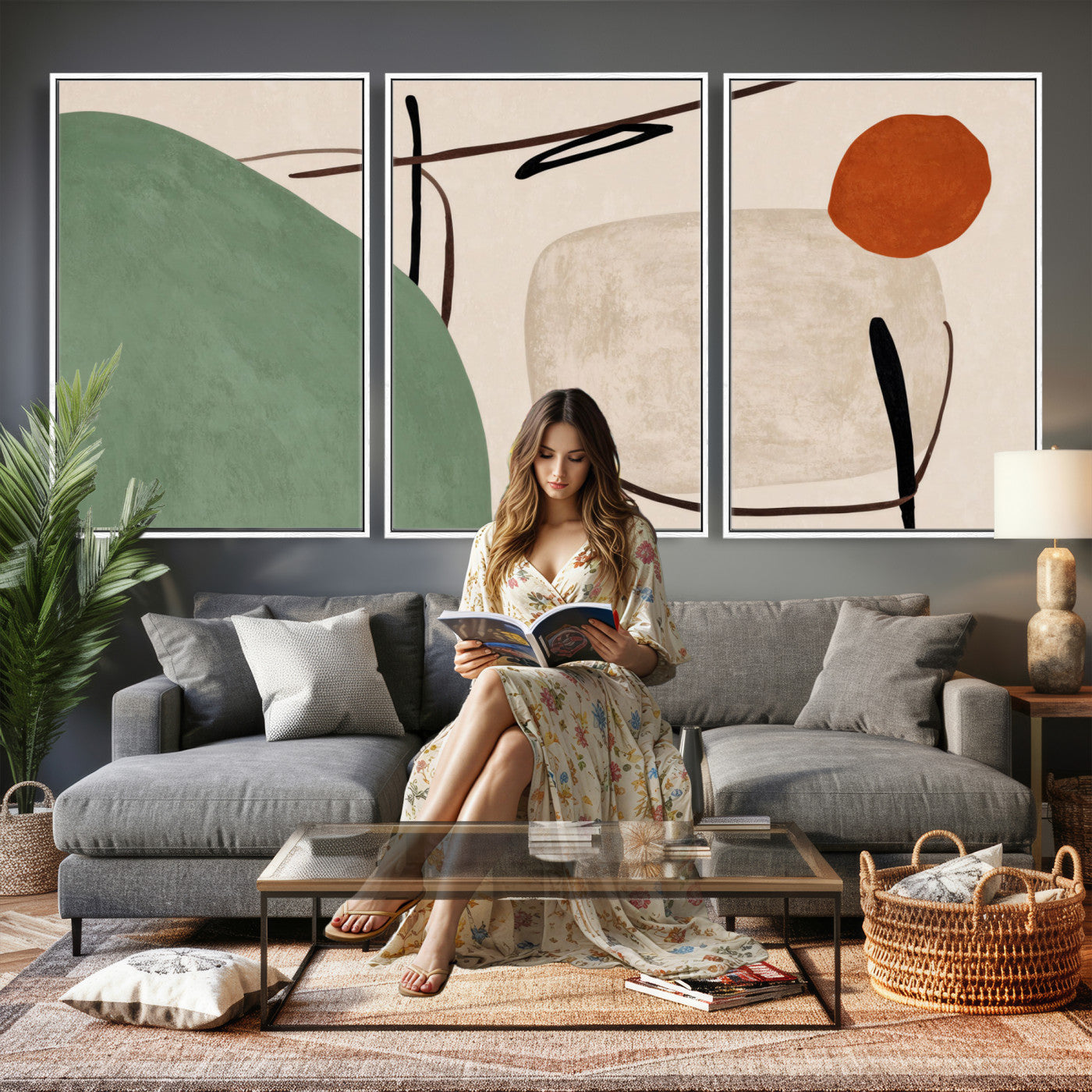 46798824-MGV-CV-48X32-3P - Mid Century Modern Geometric Canvas Wall Art, Abstract Triptych Print