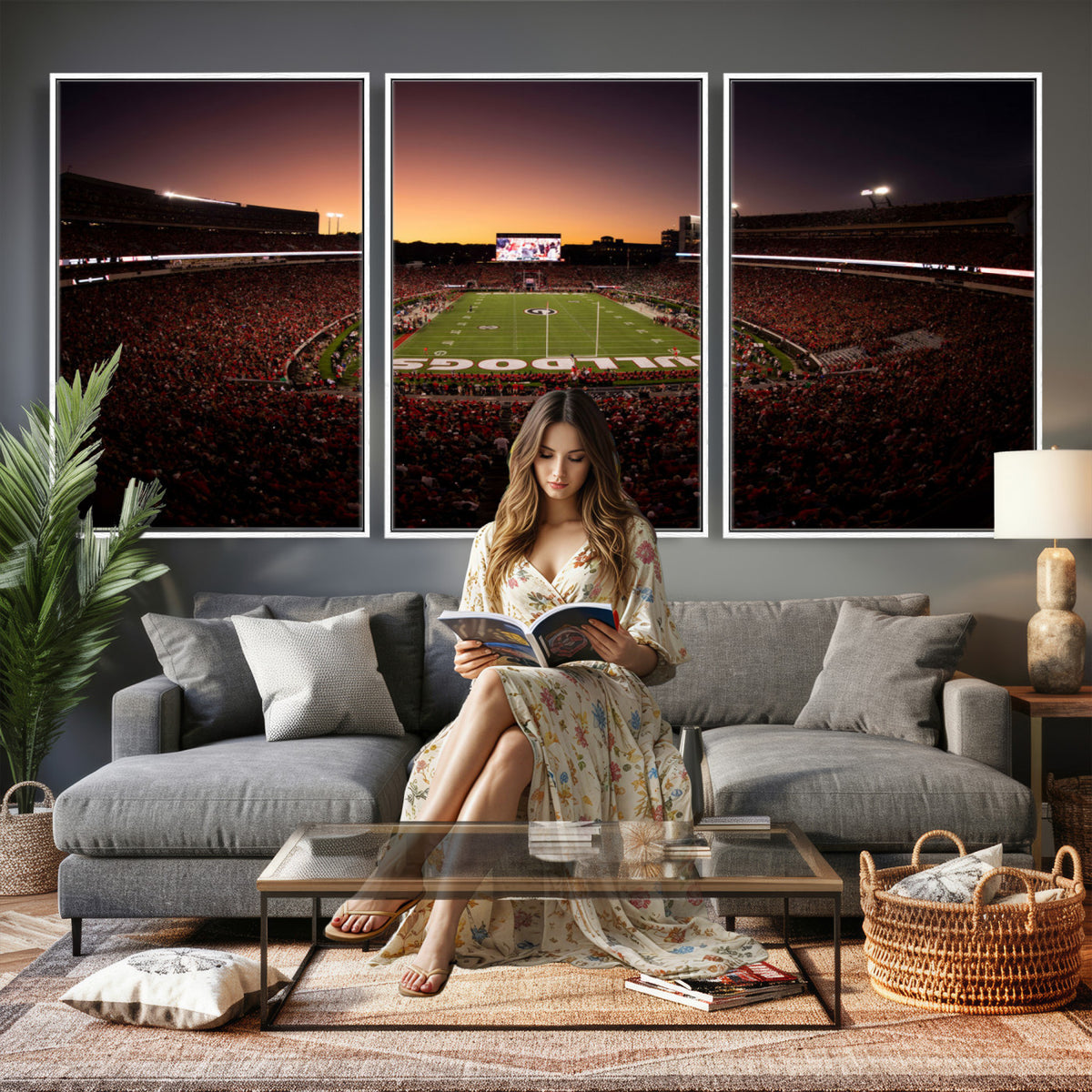 97720998-_Poster-30x20 - Georgia Bulldogs Stadium Sunset Canvas Print 3 Piece Framed Wall Art Extra Large Floating Frame Sports Poster Made in USA