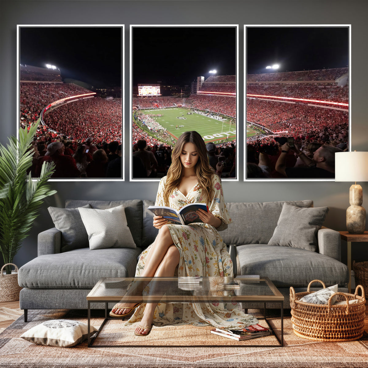 50587166-_Poster-30x20 - Sanford Stadium Georgia Bulldogs Canvas Print 3 Piece Framed Wall Art Extra Large Floating Frame Sports Poster Made in USA