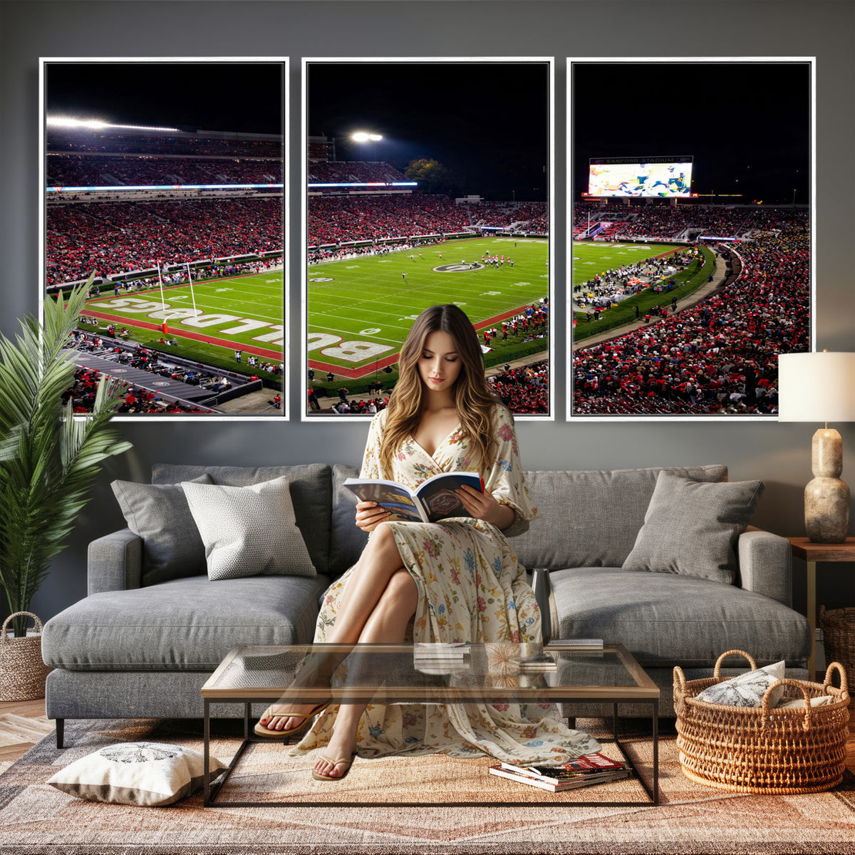 73520603-_Poster-30x20 - Georgia Bulldogs Sanford Stadium Canvas Print 3 Piece Framed Wall Art Extra Large Floating Frame Nature Poster Made in USA