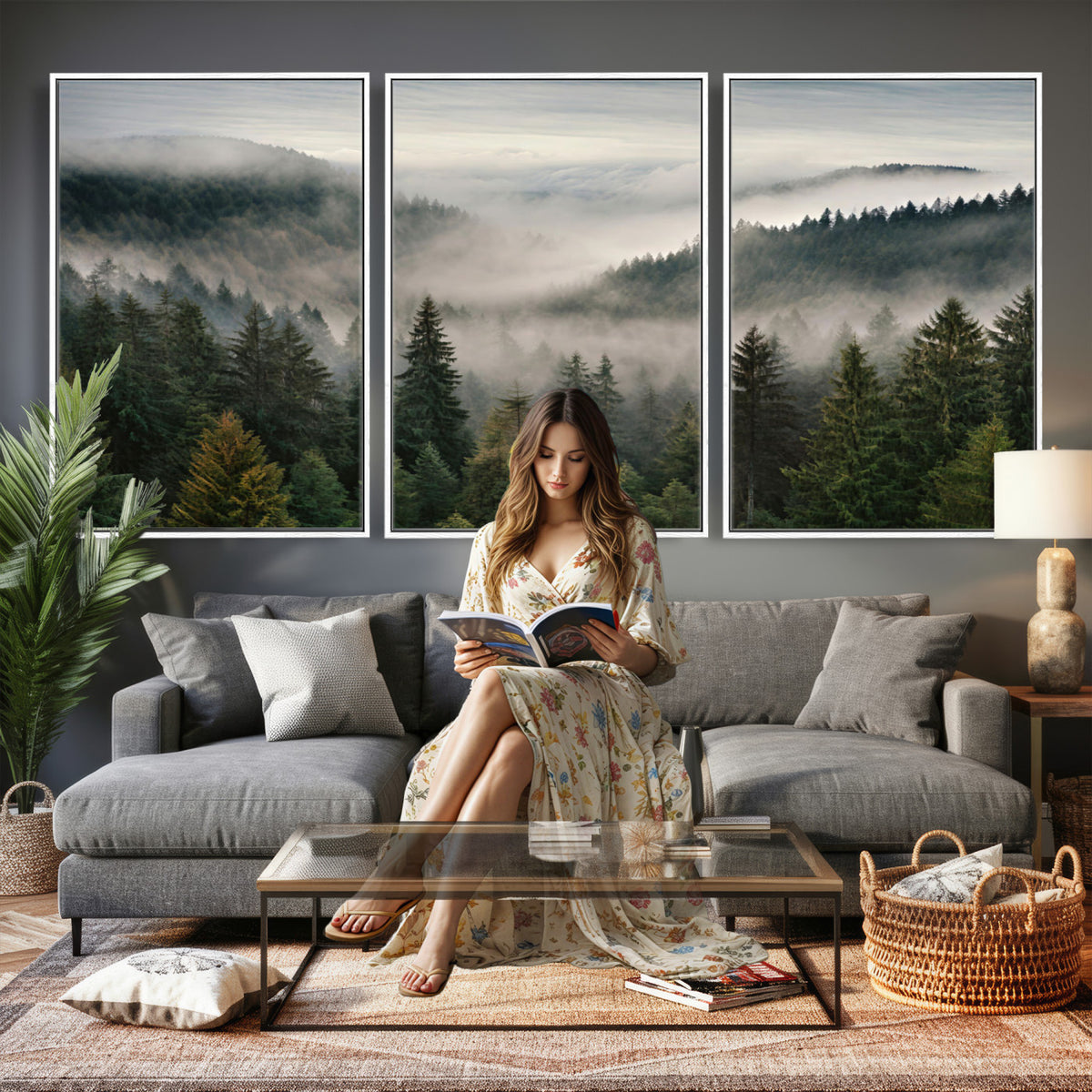 38409495-_Poster-30x20 - Misty Pine Valley Mountain Canvas Print 3 Piece Framed Wall Art Extra Large Floating Frame Nature Poster Made in USA