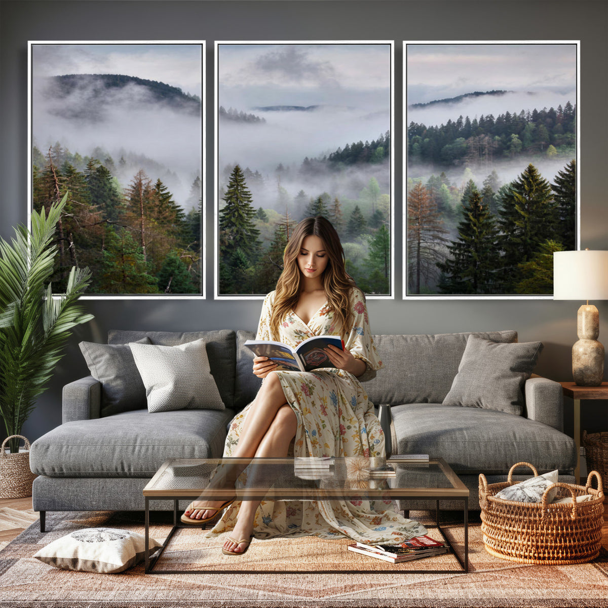 18735847-_Poster-30x20 - Foggy Pine Forest Mountain Canvas Print 3 Piece Framed Wall Art Extra Large Floating Frame Nature Poster Made in USA