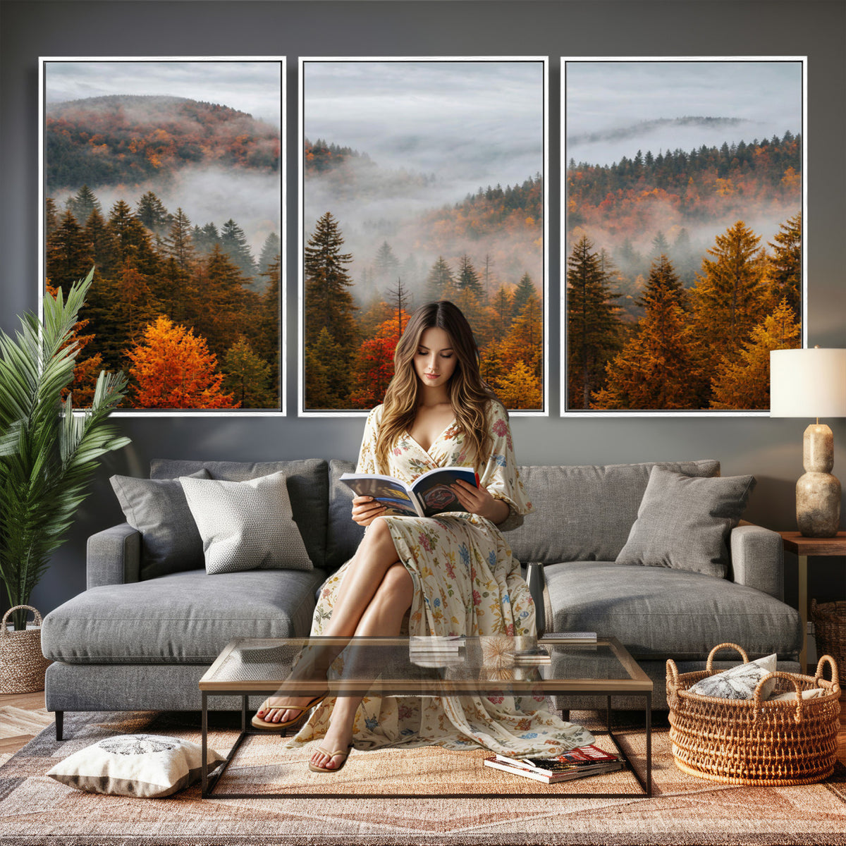 87481341-_Poster-30x20 - Foggy Autumn Mountain Canvas Print Smoky Pine Forest Wall Art Panoramic Nature Poster 3 Piece Made in USA