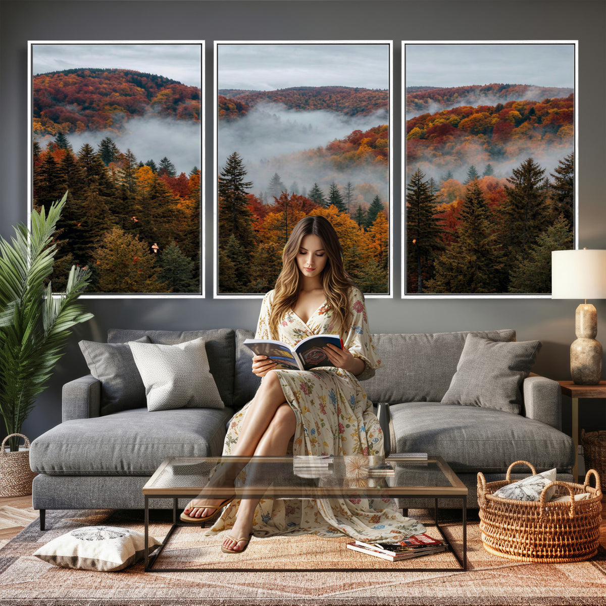 26686263-_Poster-30x20 - Misty Autumn Forest Mountain Canvas Print 3 Panel Wall Art Gallery Wrapped Floating Frame Poster Made in USA