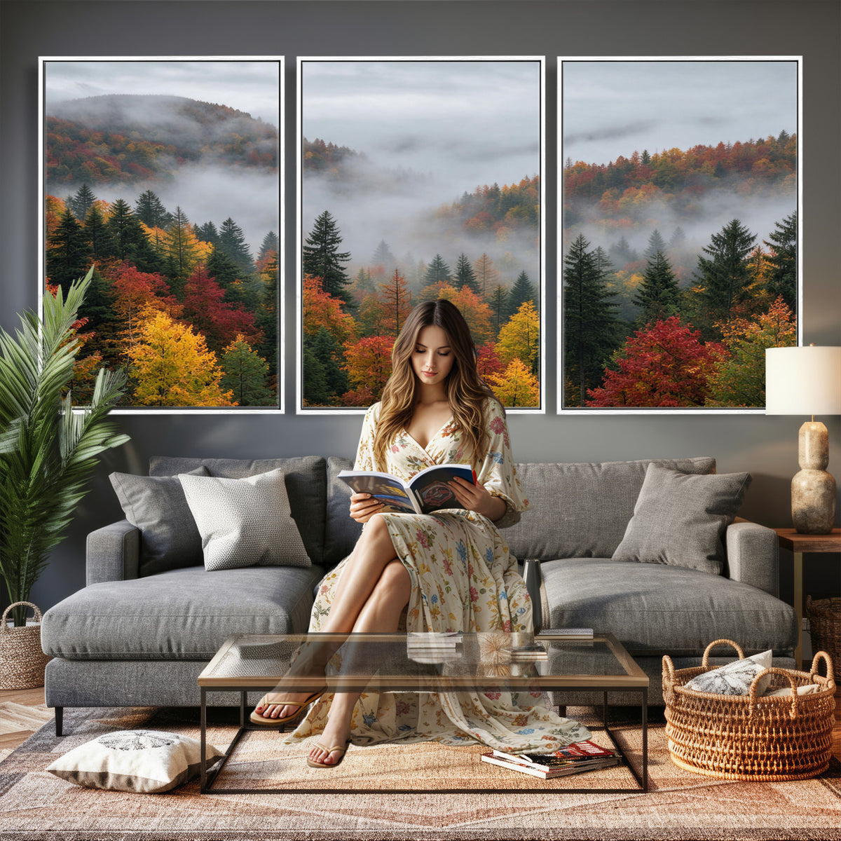 47877083-_Poster-30x20 - Fall Forest Misty Mountain Canvas Print Smoky Mountain Landscape Wall Art Autumn Trees Nature Poster Printing