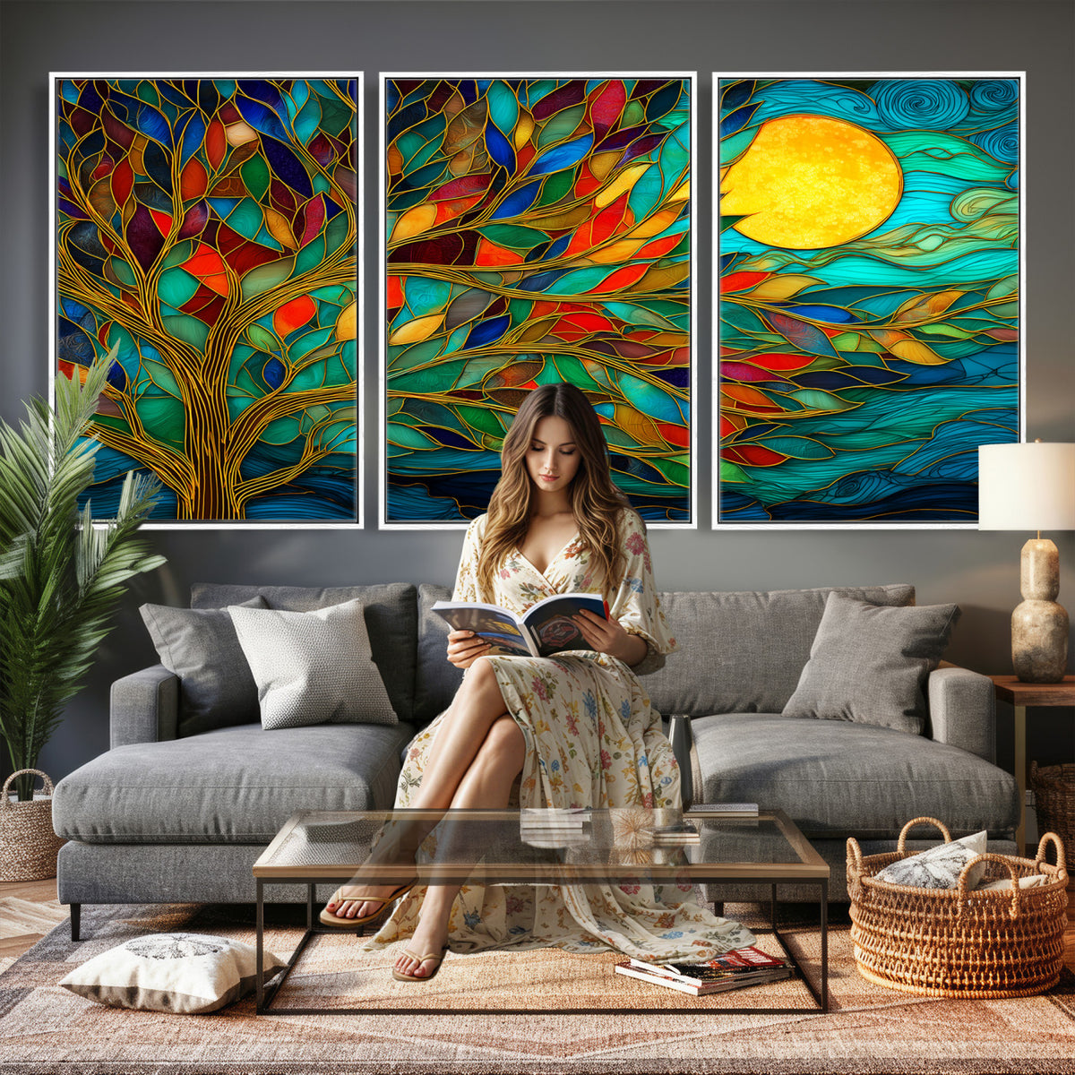 11877152-MGV-CV-36X24 - Stained Glass Tree Of Life Wall Art - Vibrant Mosaic Nature Home Decor