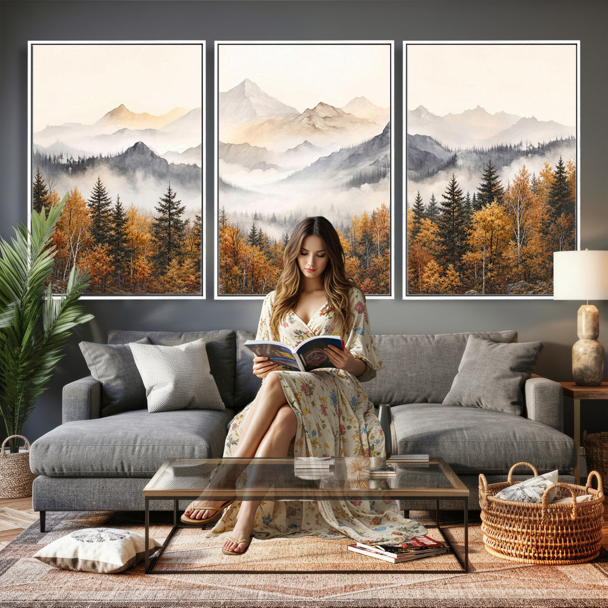19544118-MGV-TP-30X20 - Misty Mountain Autumn Forest Canvas Wall Art - Watercolor Fall Nature Landscape Print