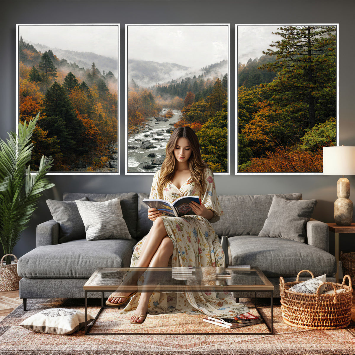 95540697-MGV-TP-30X20 - Misty River Mountain Valley Canvas Wall Art - Autumn Forest Landscape Nature Print