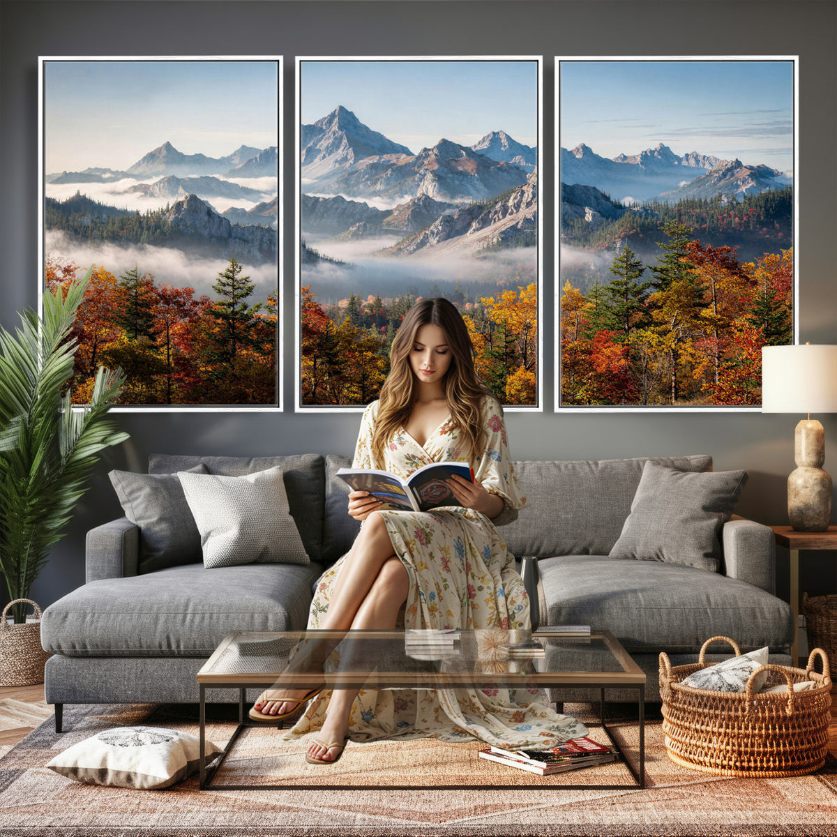 38847944-MGV-TP-30X20 - Majestic Mountain Peak Canvas Wall Art - Panoramic Autumn Forest Fog Landscape Print