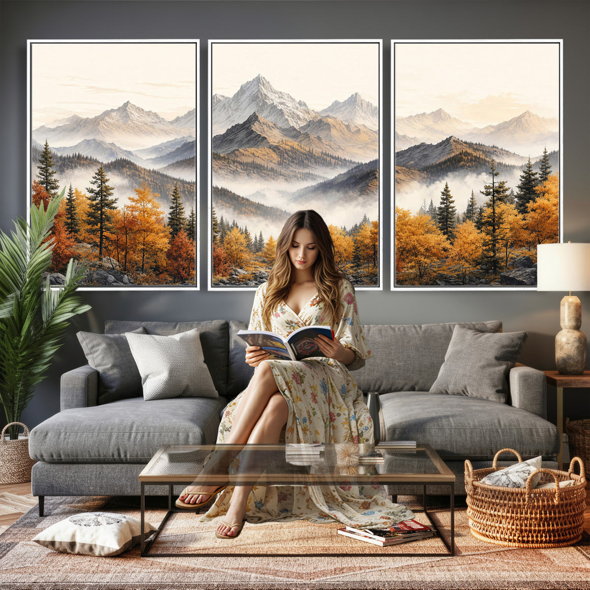 21309099-MGV-TP-30X20 - Extra Large Misty Mountain Autumn Forest Canvas Wall Art - Watercolor Fall Nature Landscape Print