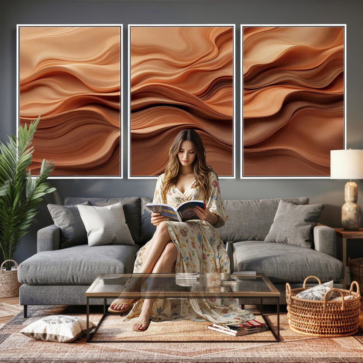 82230697-MGV-CV-36X24 - Modern Abstract Fluid Waves Canvas Wall Art - Minimalist Warm Terracotta Beige Sand Print