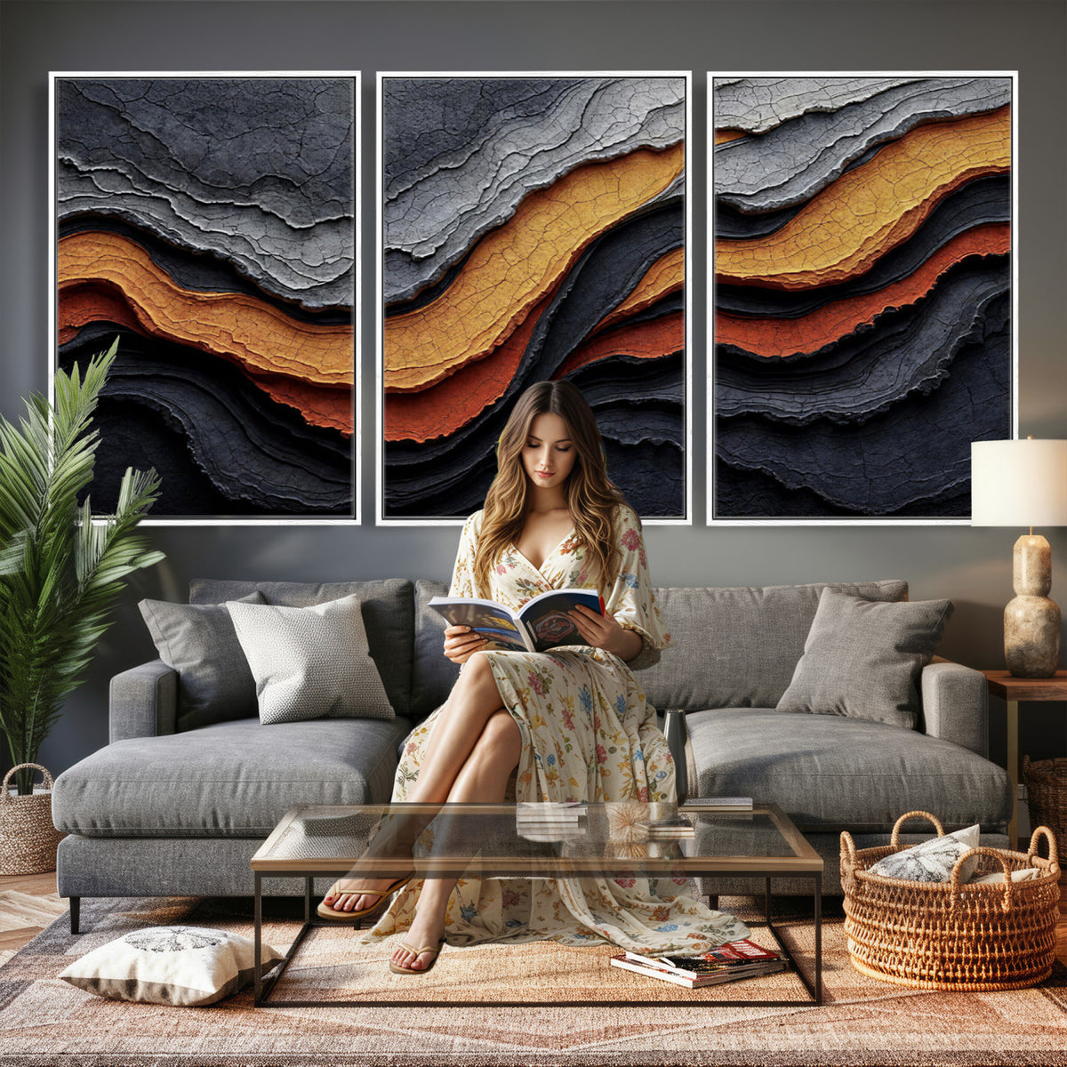 59852489-MGV-CV-36X24 - Abstract Waves Canvas Wall Art - Modern Terracotta and Charcoal Gray Print