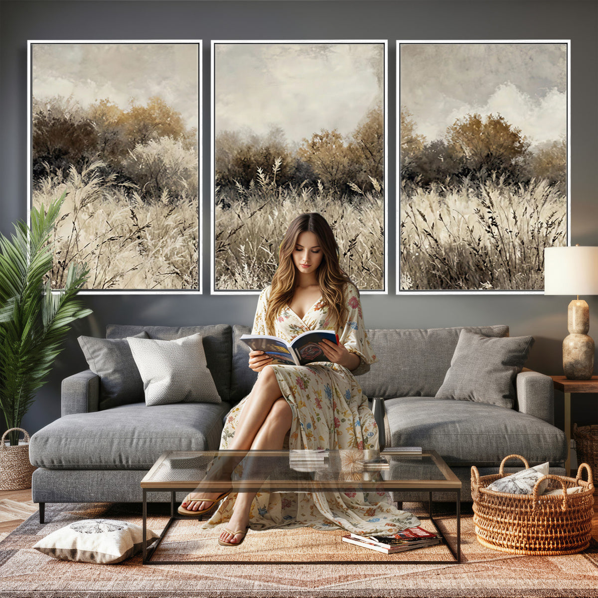 53959945-MGV-TP-30X20 - Muted Neutral Forest Landscape Canvas Wall Art - Vintage Rustic Wildflower Meadow Print