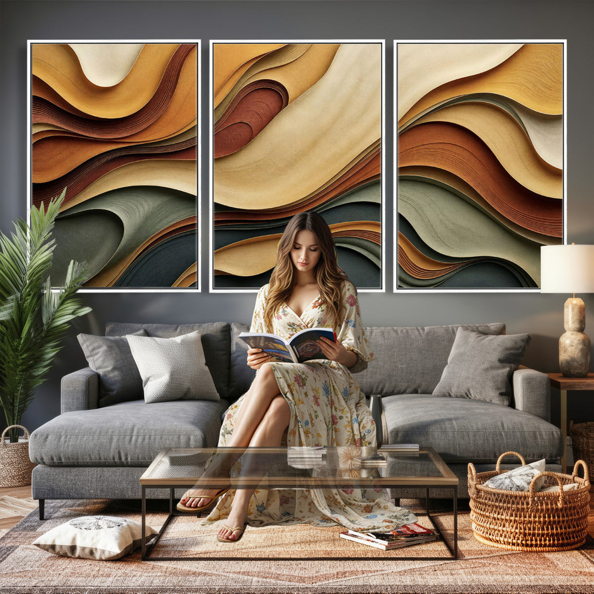 19337902-MGV-CV-36X24 - Modern Abstract Waves Canvas Wall Art - Minimalist Earthy Tone Living Room Decor