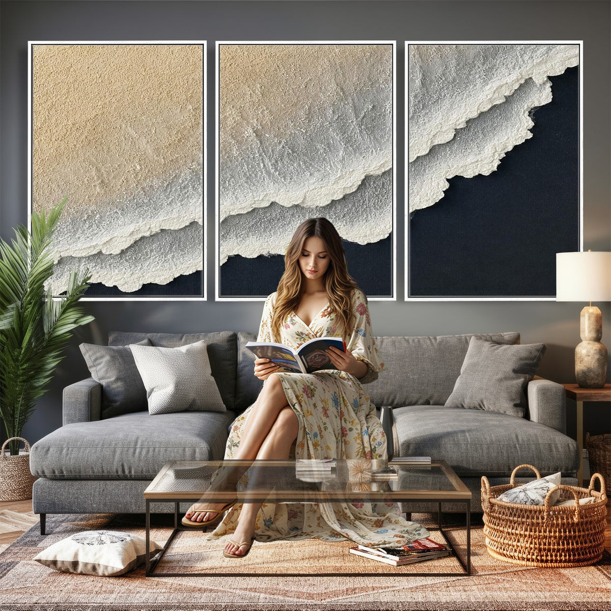 32969959-MGV-CV-24X16 - Abstract Ocean Wave Canvas Wall Art, Coastal Beach Wall Decor for Living Room