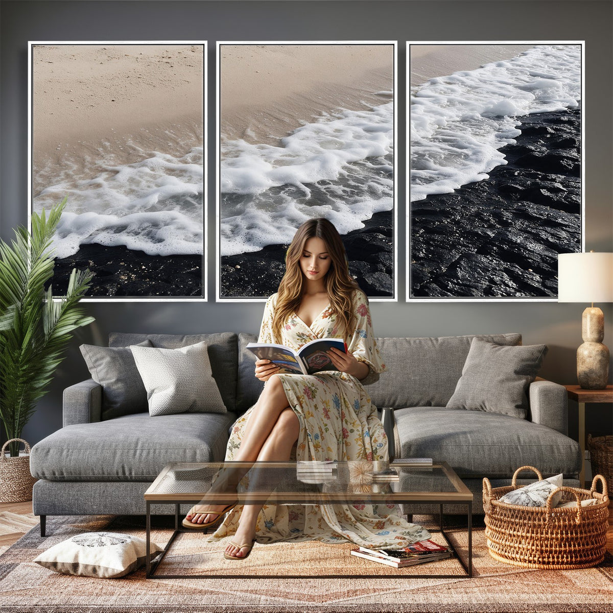 27448606-MGV-CV-24X16 - Ocean Wave Foam on Black Lava Rock Beach Canvas Wall Art Print