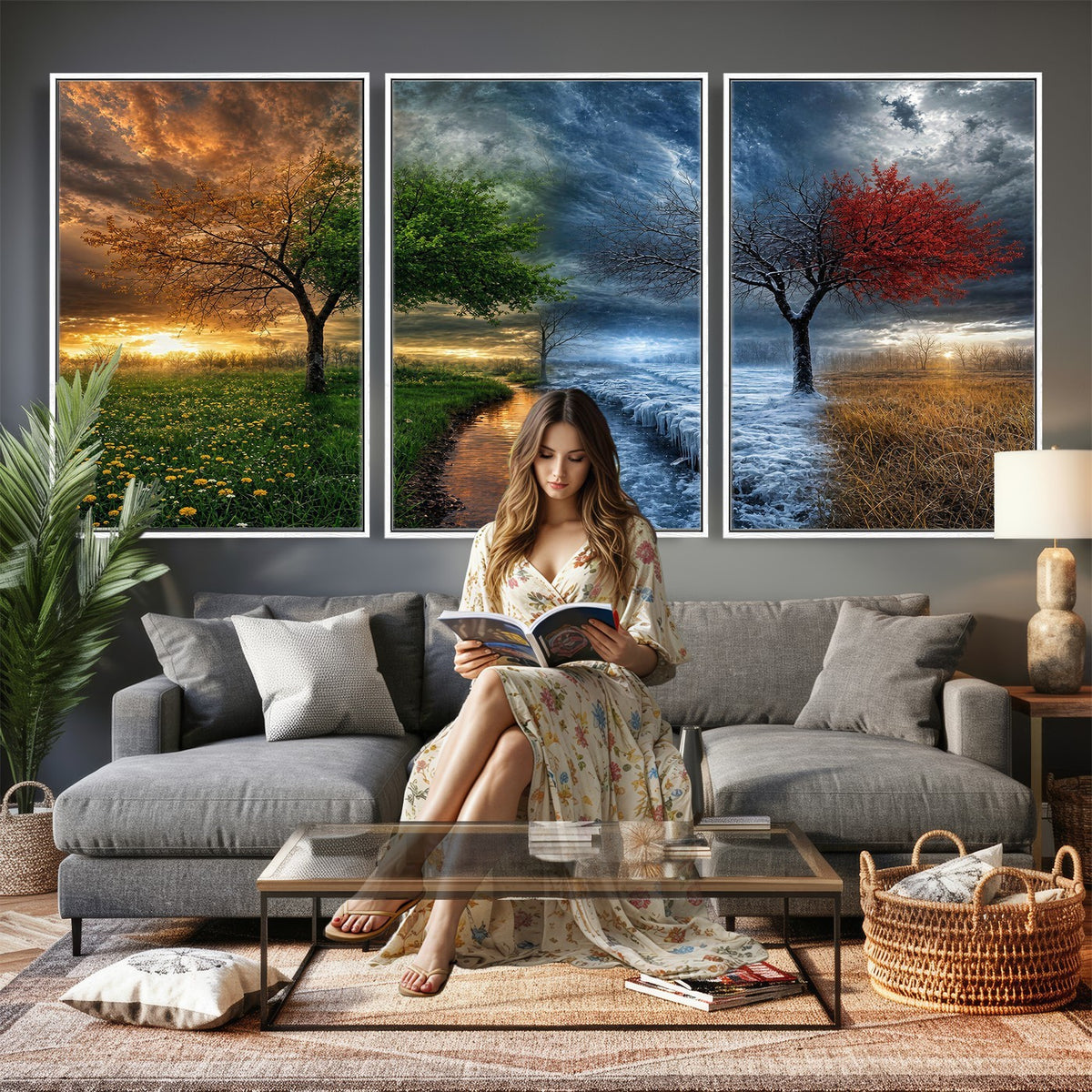 61895574-MGV-CV-24X16 - Four Seasons Tree Canvas Wall Art, Nature Landscape Canvas Print for Living Room
