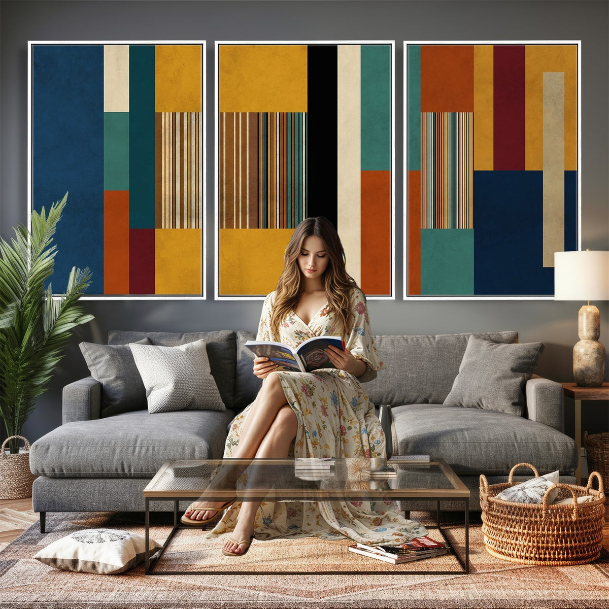 53992657-MGV-CV-48X32-3P - Mid Century Abstract Color Block Canvas Wall Art, Geometric Striped Canvas Print
