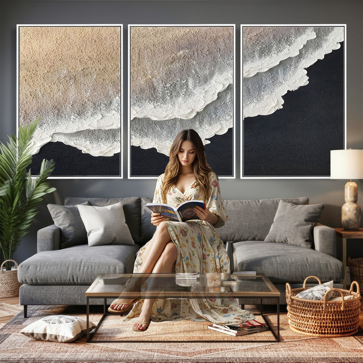 42307004-MGV-CV-24X16 - Ocean Wave and Sand Coastal Wall Art, Modern Beach Decor for Living Room