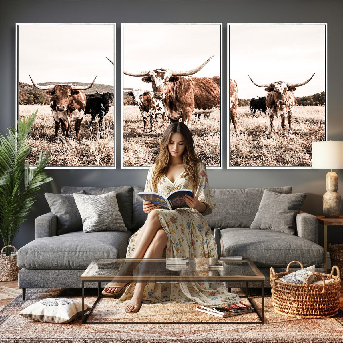 25234808-MGV-CV-48X32-3P - Texas Longhorn Cattle Canvas Wall Art, Western Ranch Home Decor