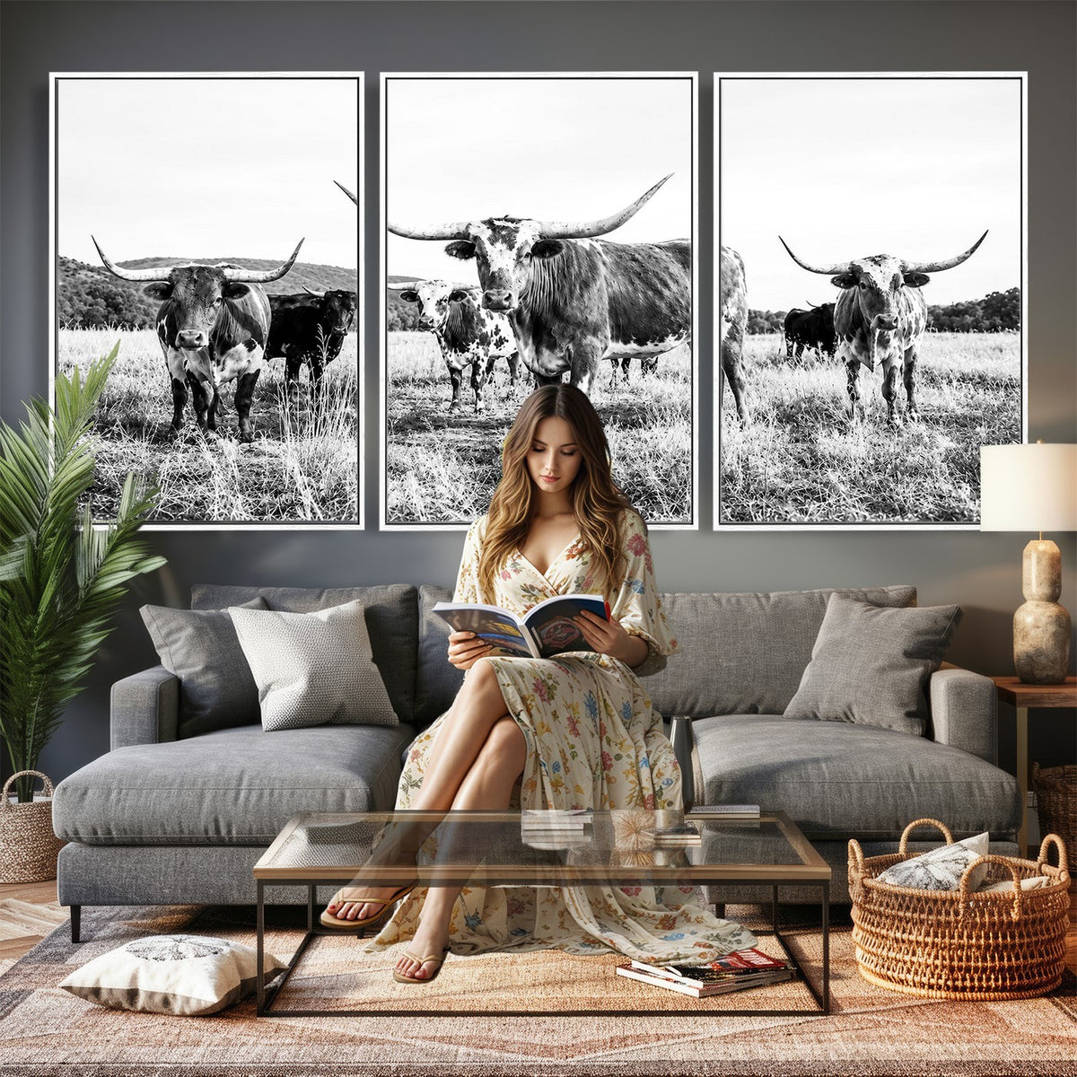 73228277-MGV-CV-48X32-3P - Black and White Longhorn Cattle Canvas Print, Western Ranch Wall Decor