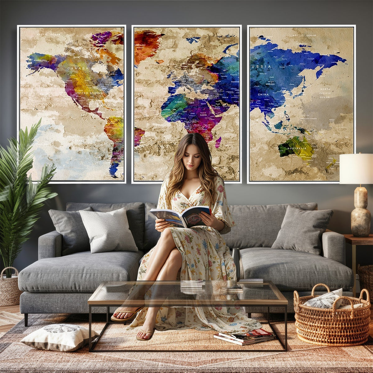 Colorful World Map Canvas Wall Art | Abstract Watercolor Map Print