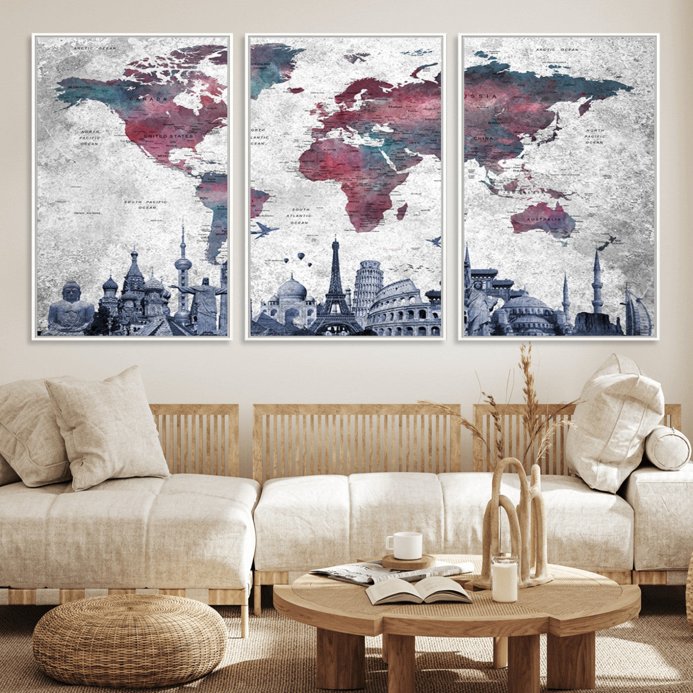 MGV-FC-60X30-3P - Push Pin World Map Canvas Print – Framed Wall Art for Couples to Track Their Travels – Anniversary